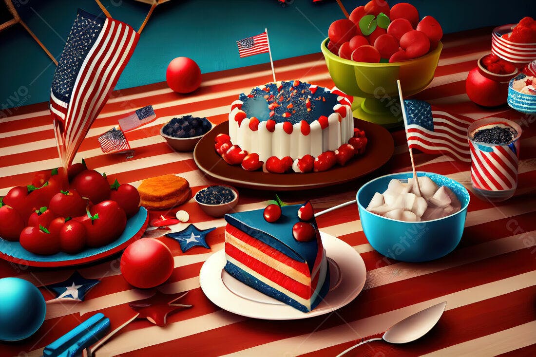 Mesa de 4 de Julho com bolo e frutas