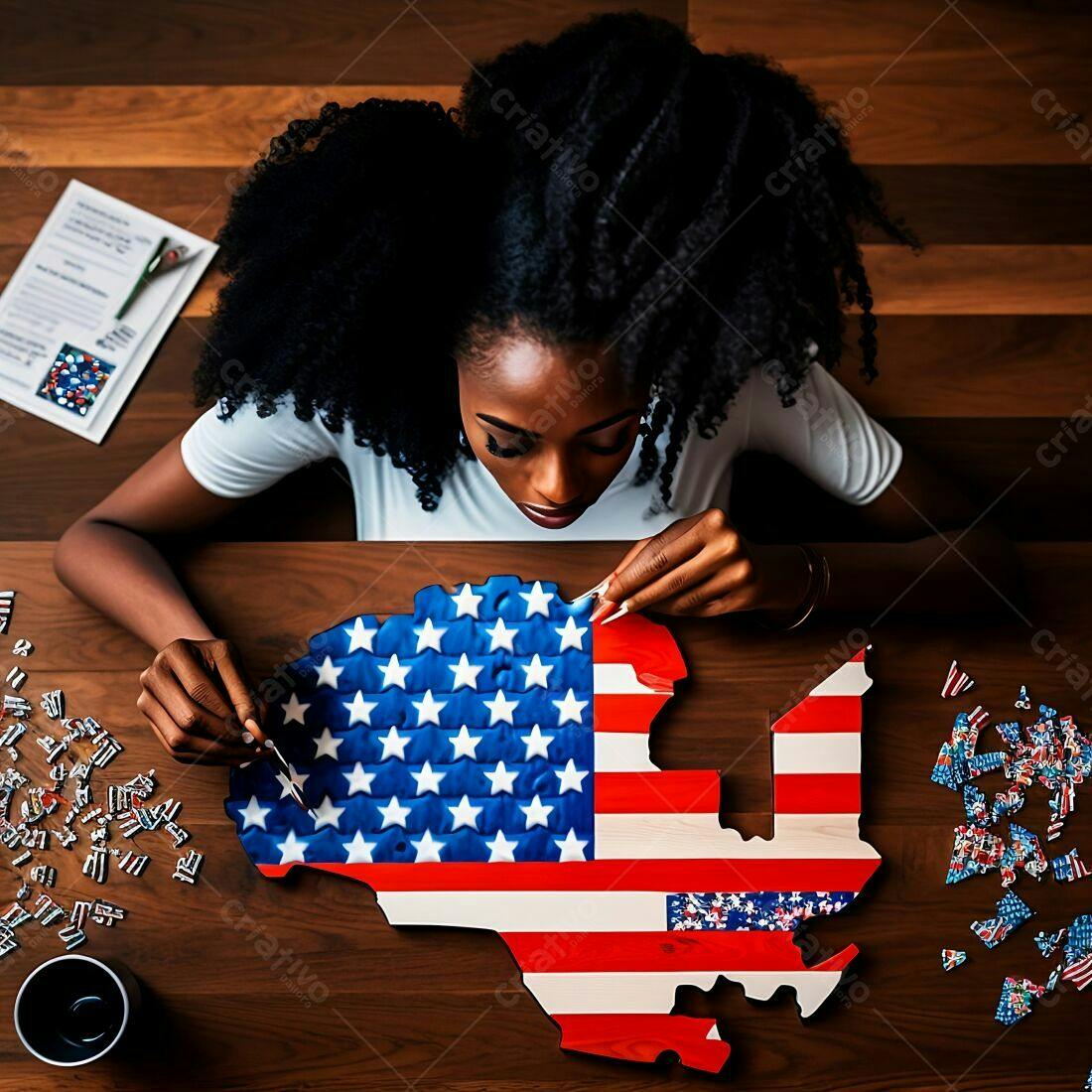 Mulher Afro-americana montando quebra-cabeça EUA
