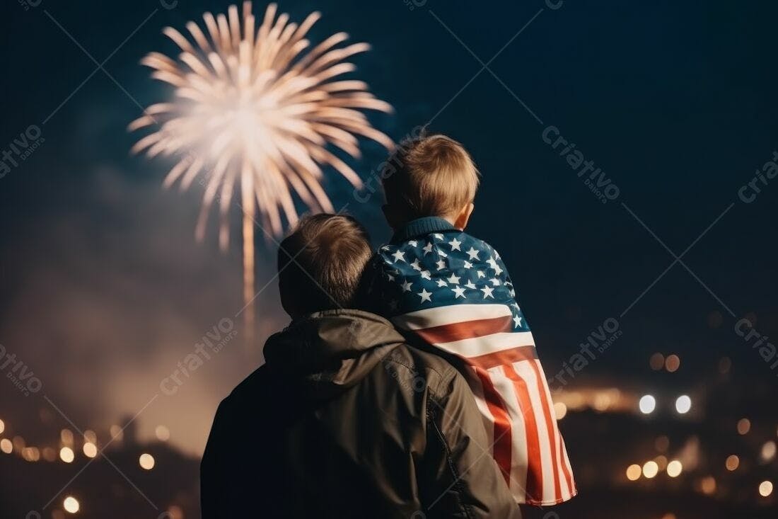 Pai e filho assistem a fogos de artifício com bandeira americana