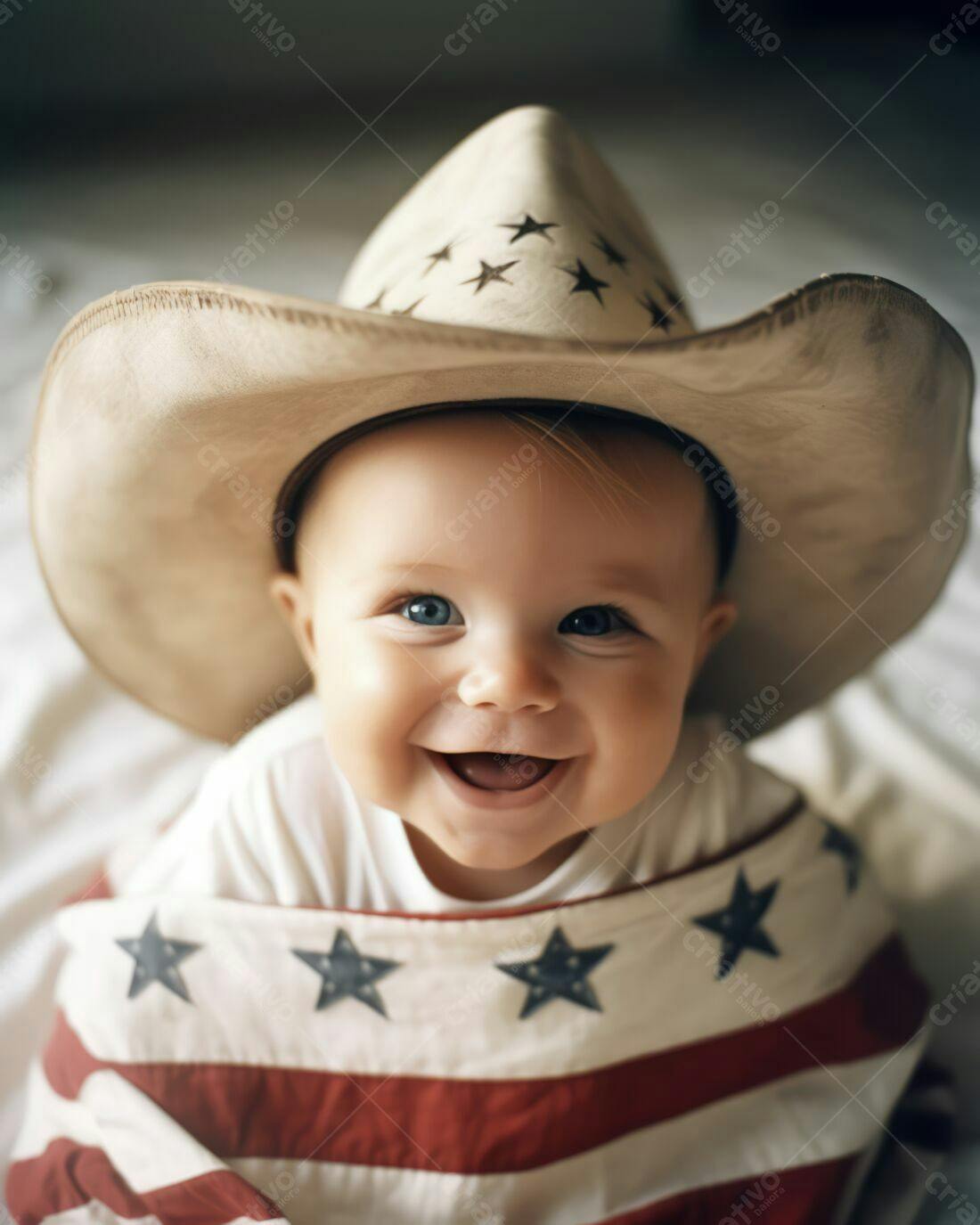Bebê sorridente com chapéu de cowboy e bandeira americana
