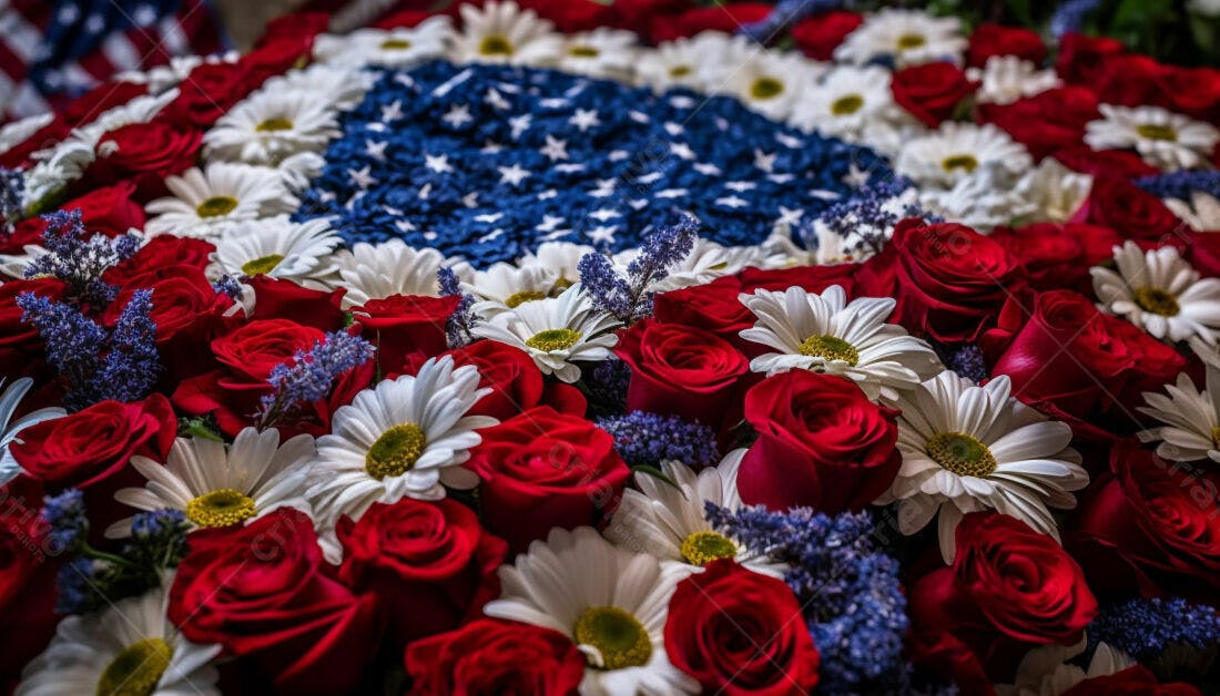 Bandeira Americana em Flores Vermelhas Brancas e Azuis
