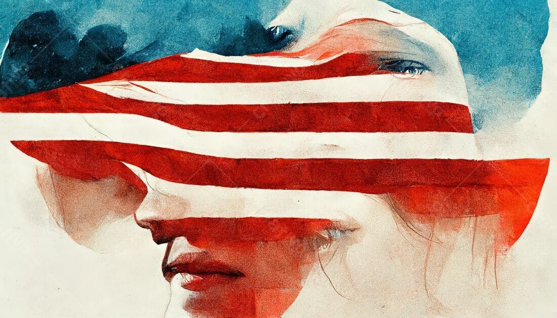 Retrato feminino com bandeira americana
