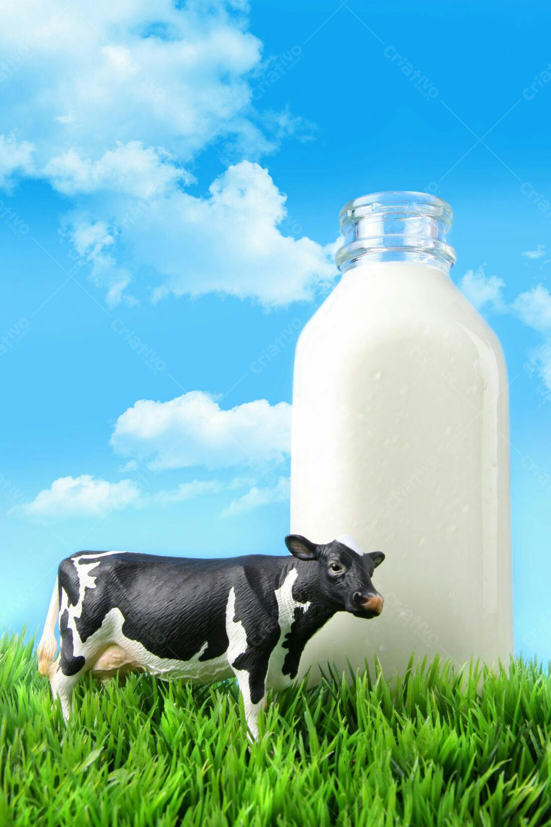 Vaca e garrafa de leite em pasto verde