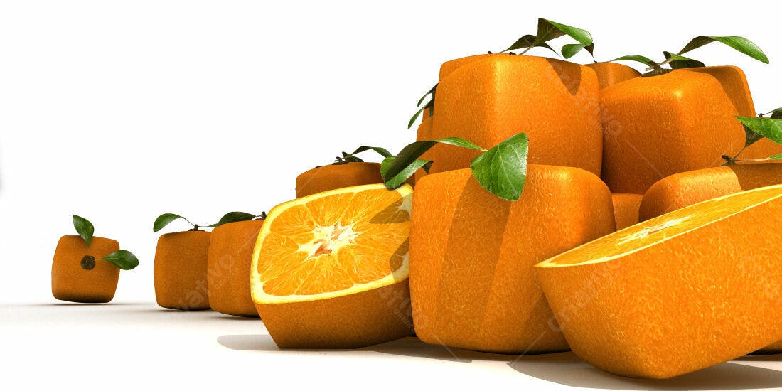 Laranjas cúbicas com folhas verdes