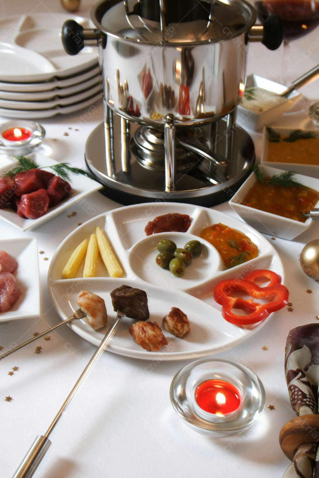 Fondue de carne com molhos e acompanhamentos