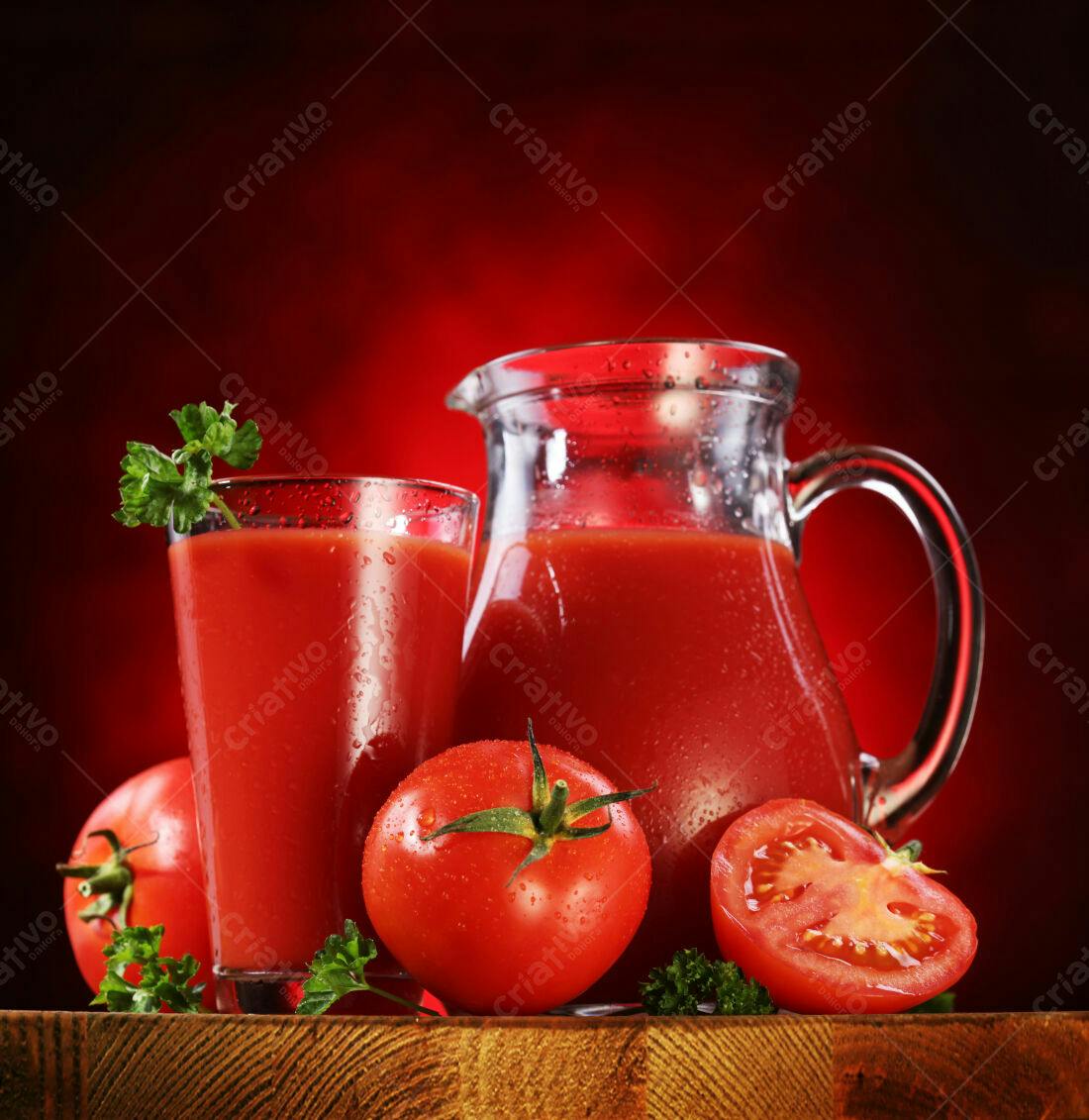Suco de tomate fresco em jarra e copo
