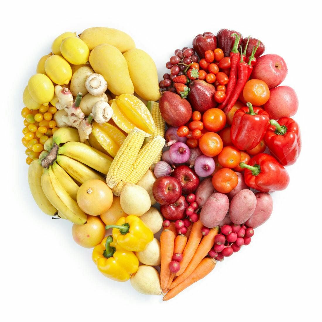 Frutas e legumes em formato de coração