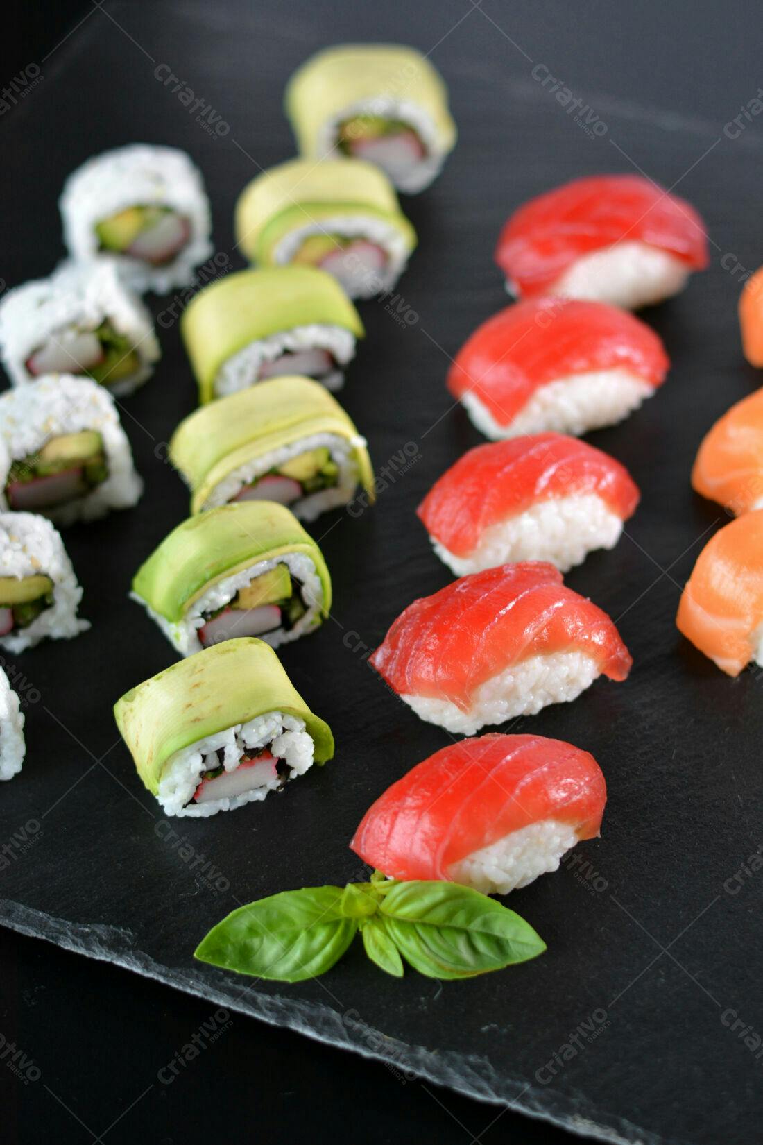 Sushi variado em pedra ardósia
