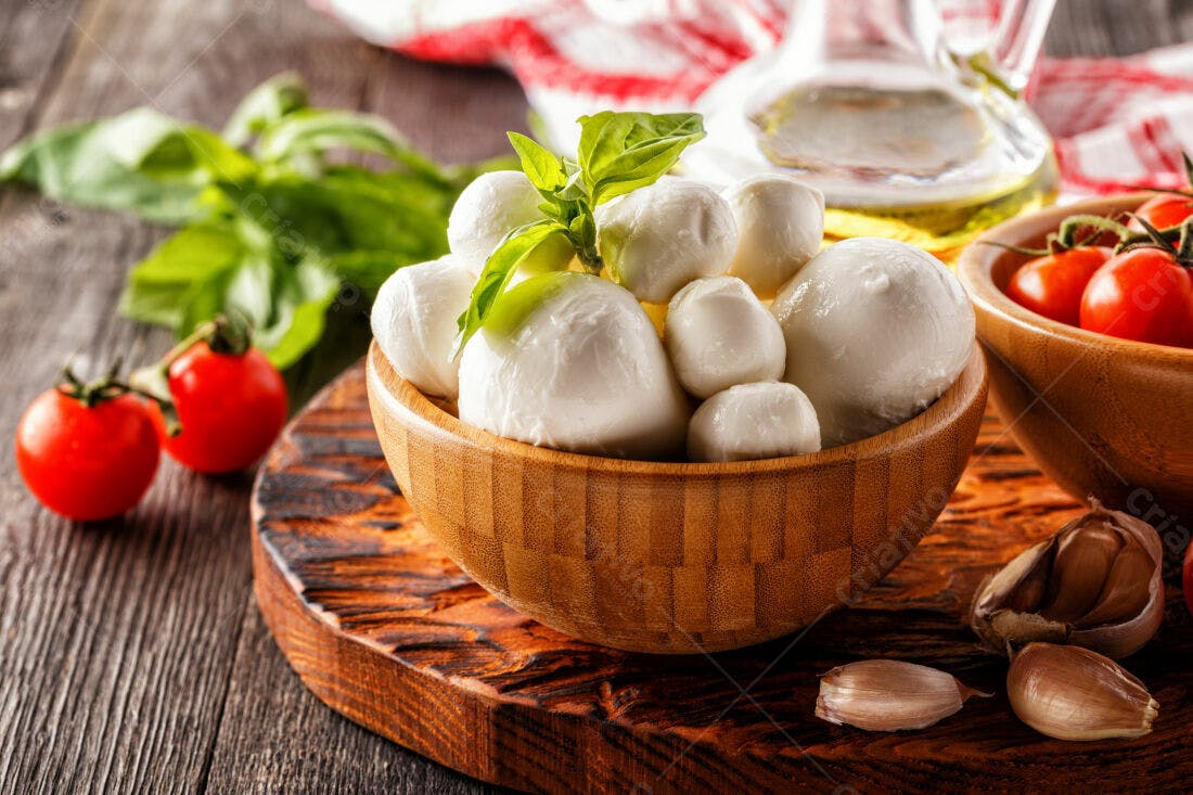 Bolinhas de Muzzarella em tigela de bambu