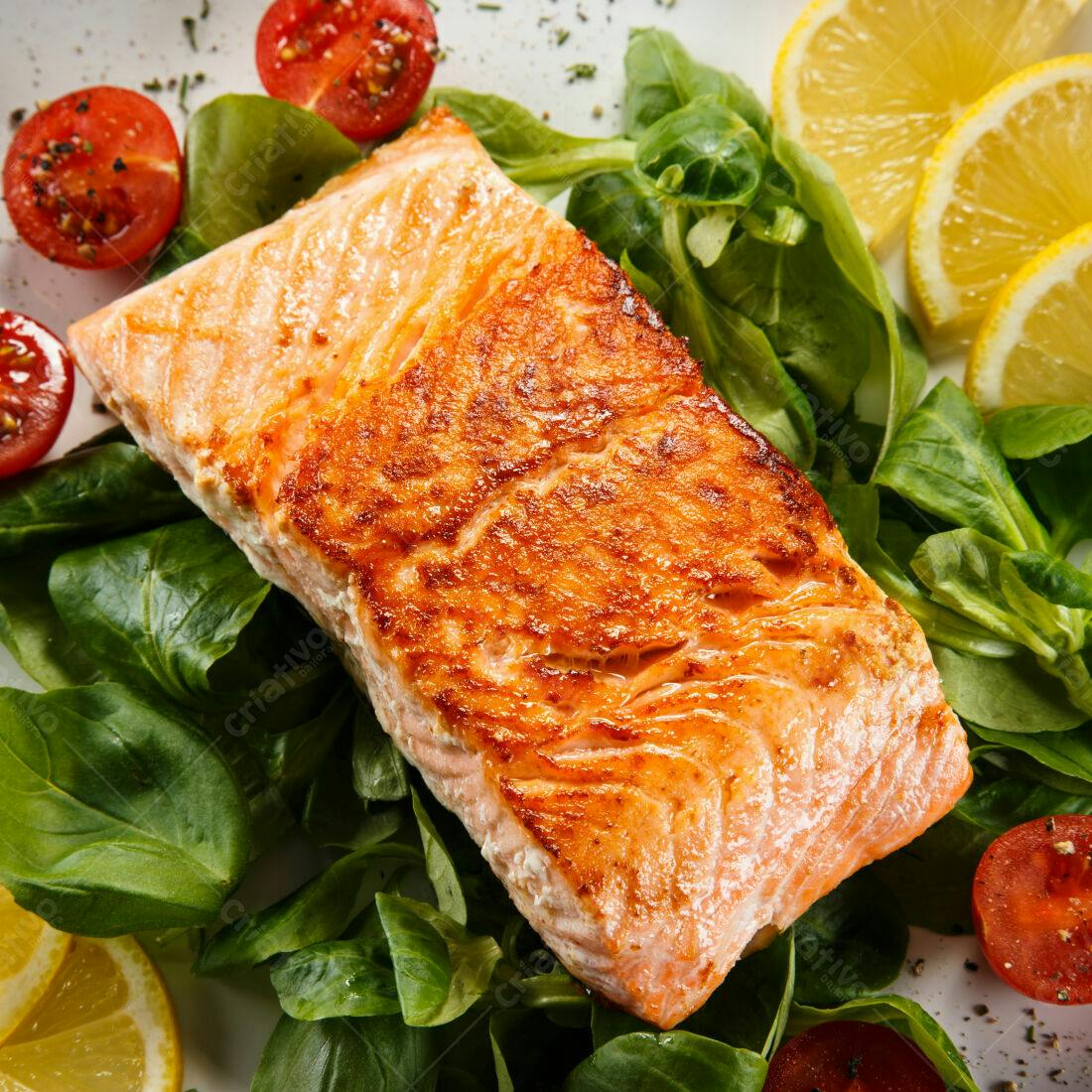 Salmão grelhado com salada e tomate