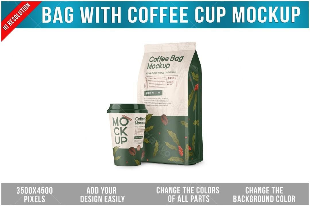 Mockup de Embalagem e Copo de Café: Design Verde e Bege