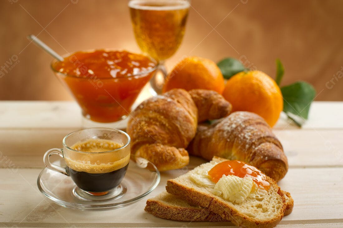 Café da manhã com croissants e geleia de laranja