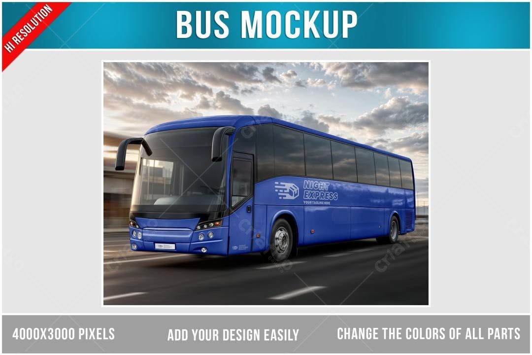 Mockup Realista de Ônibus Azul para Design de Transporte