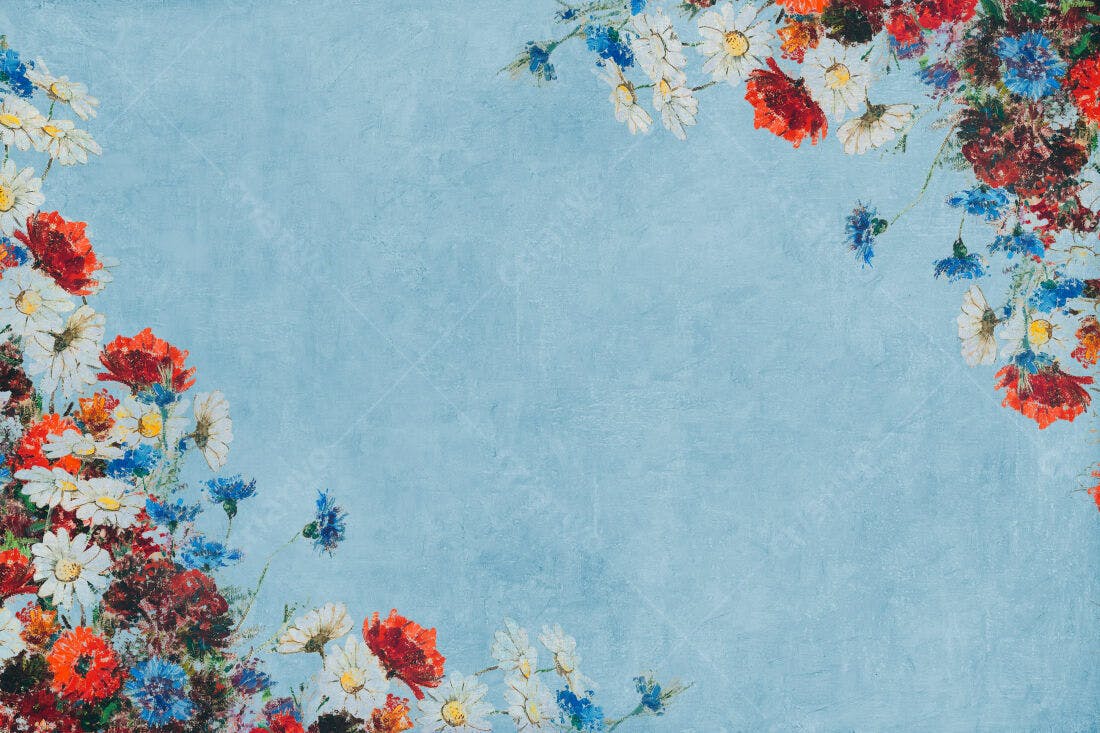 Textura floral azul com margaridas e papoulas para fundo