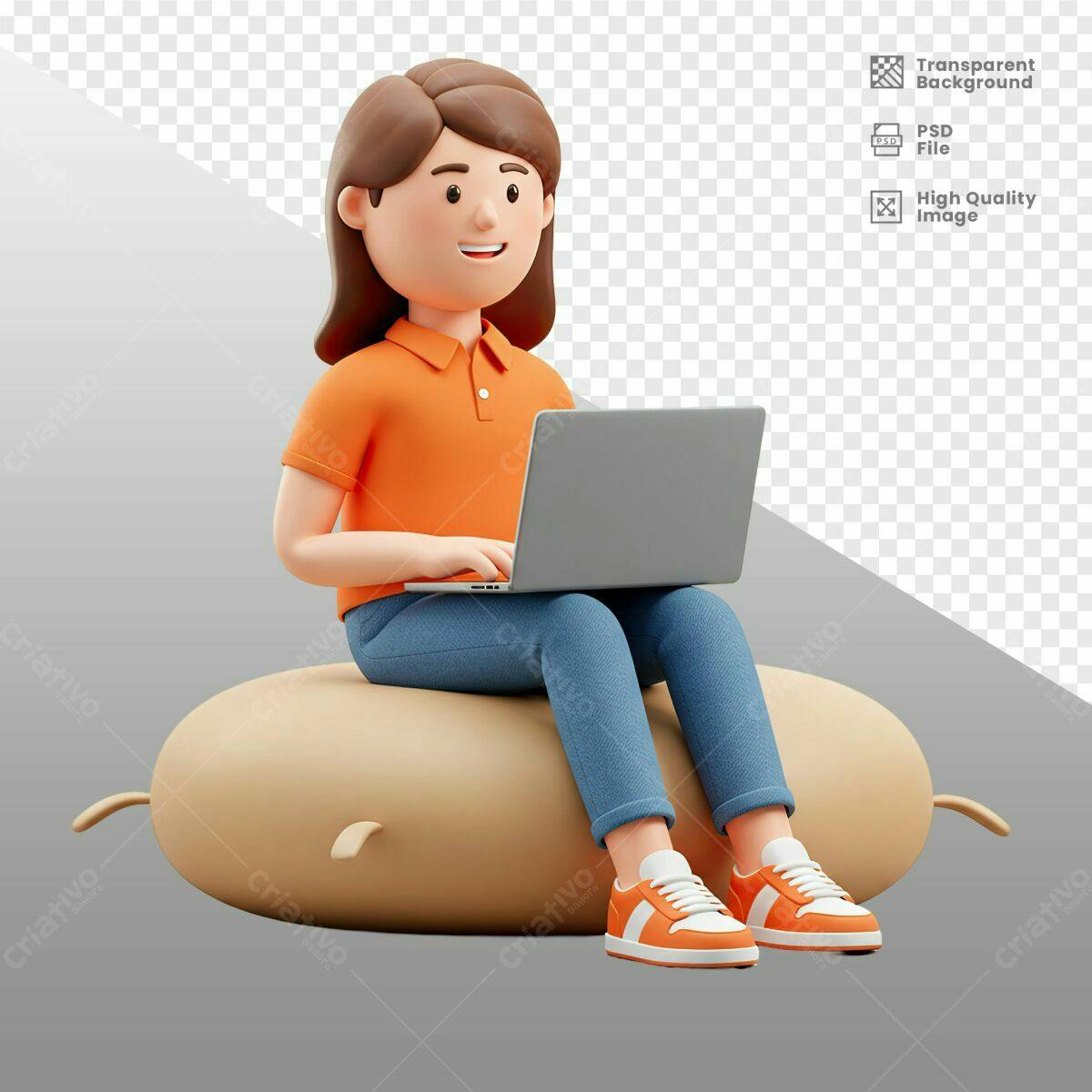 PSD Ilustração Mulher com Notebook em Puff PSD Editável