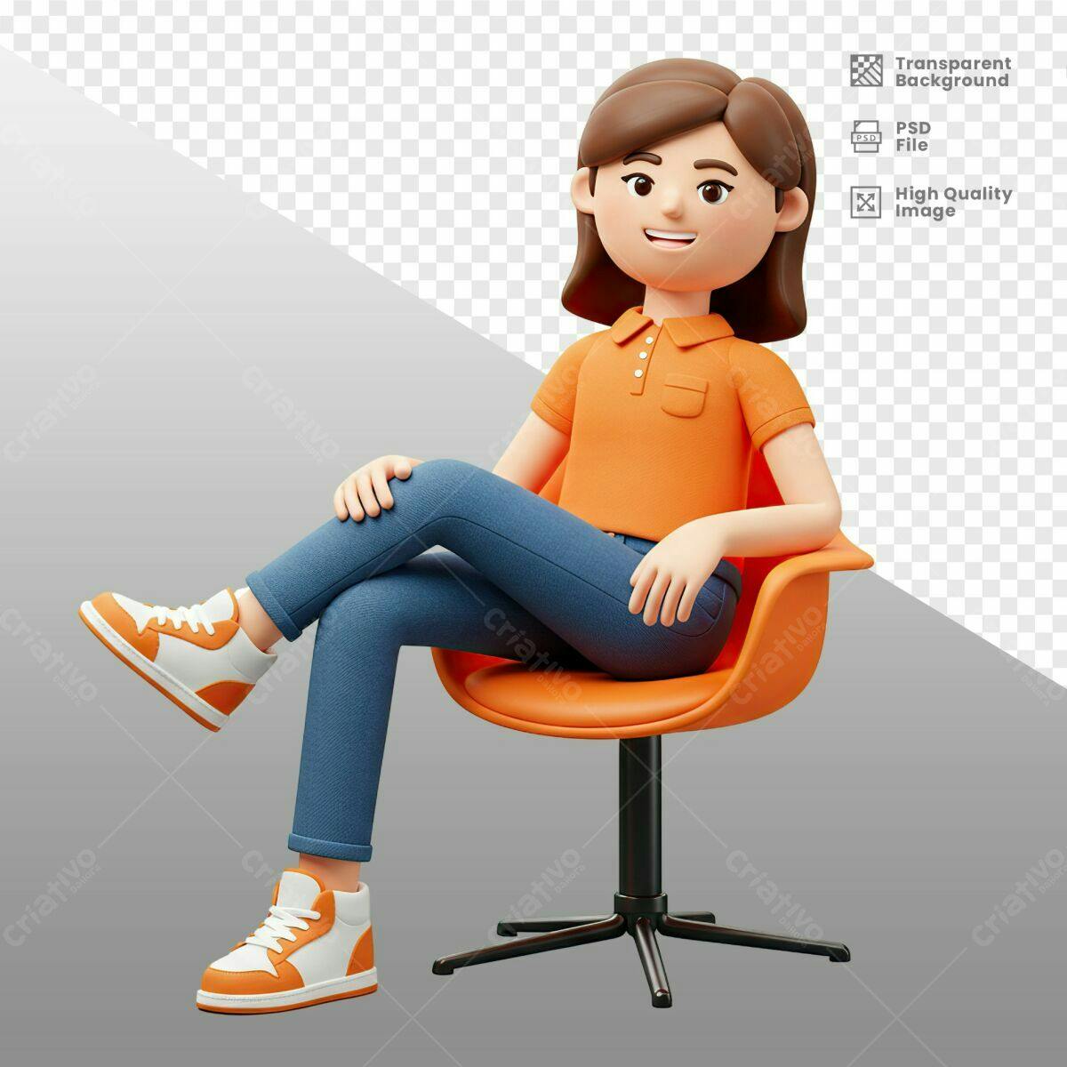 PSD Modelo 3D Mulher Relaxada em Cadeira Laranja PSD Editável