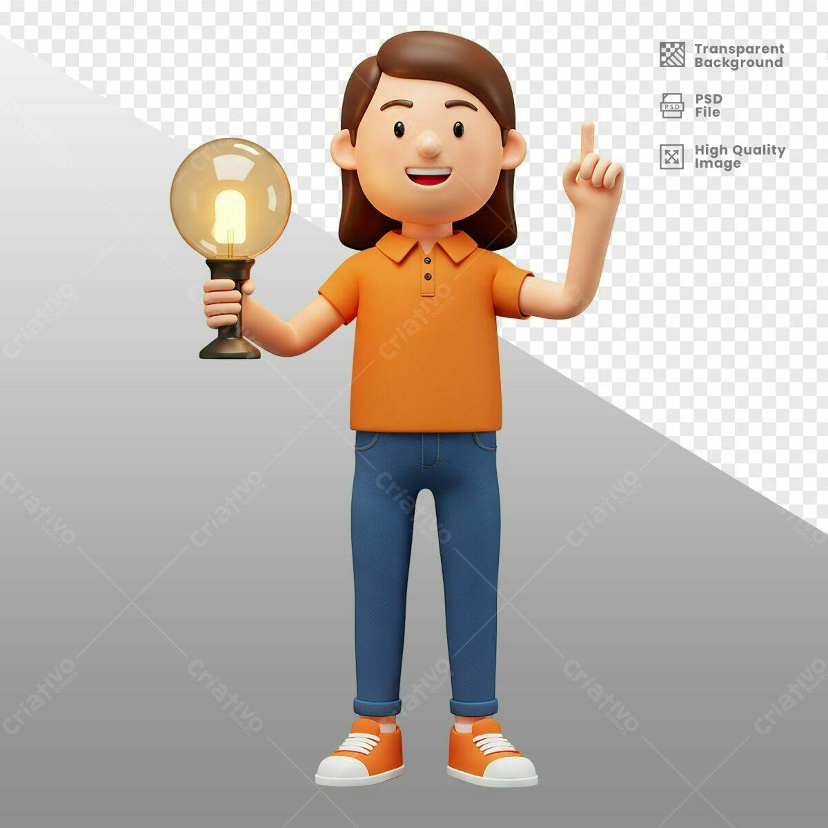 Personagem 3D com Lâmpada Ideias PSD Editável
