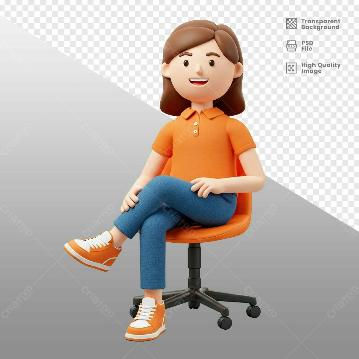 Personagem 3D Sentada em Cadeira PSD Editável