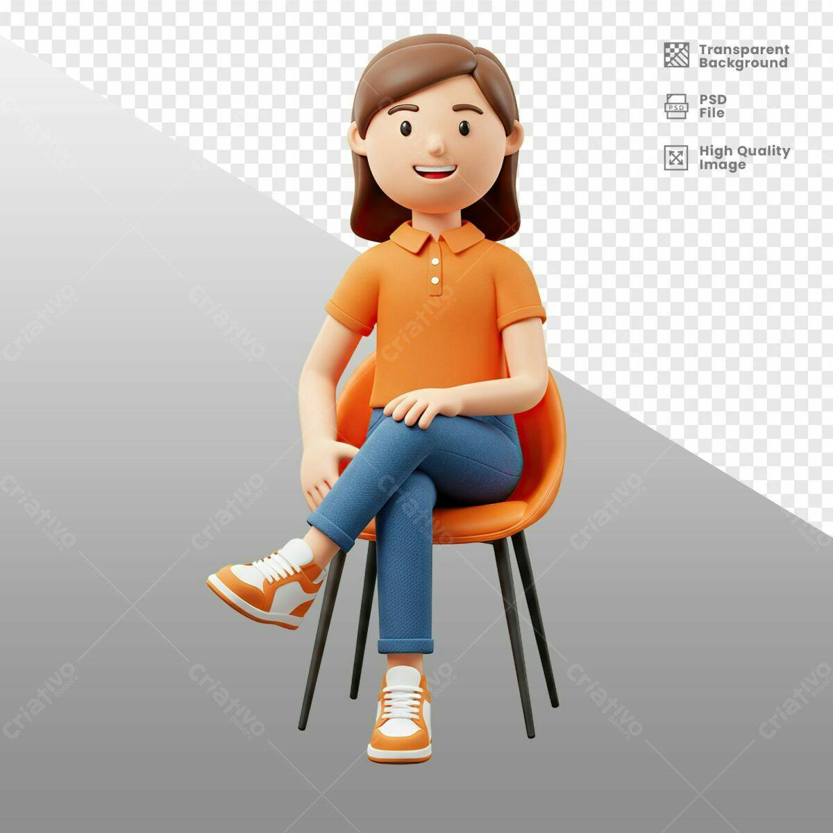 Personagem 3D Feminina Sentada PSD Editável