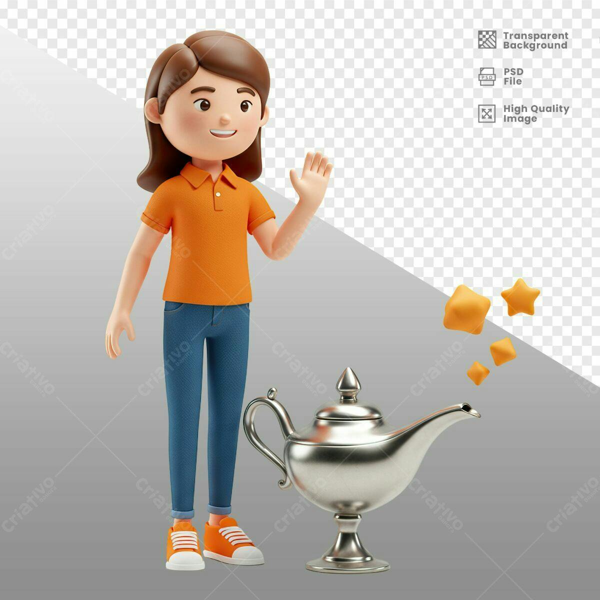Personagem 3D com Lâmpada Mágica PSD Editável