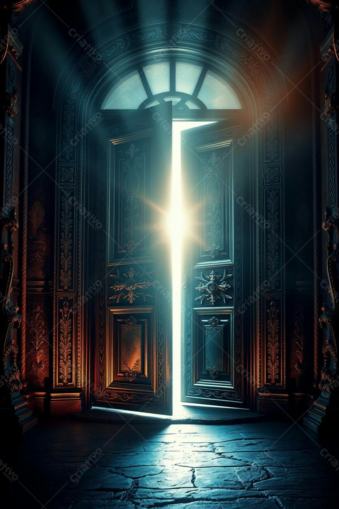Porta antiga de madeira aberta luz brilhante
