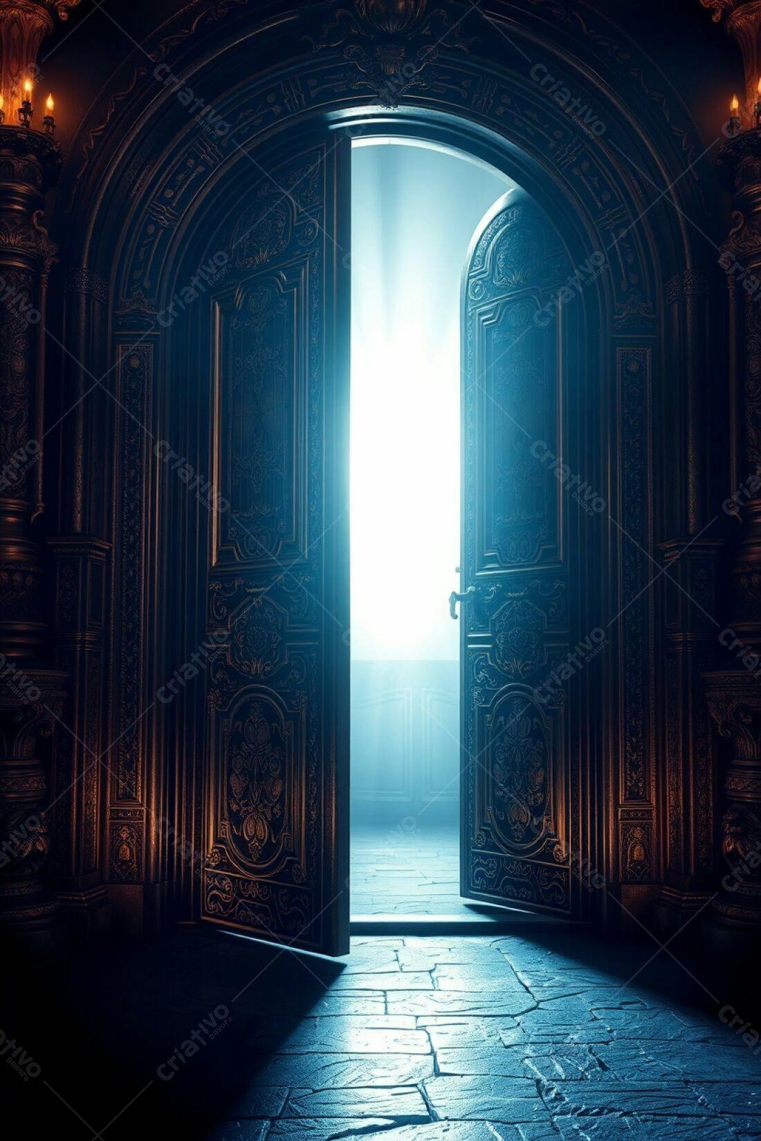 Porta antiga aberta revelando luz azul
