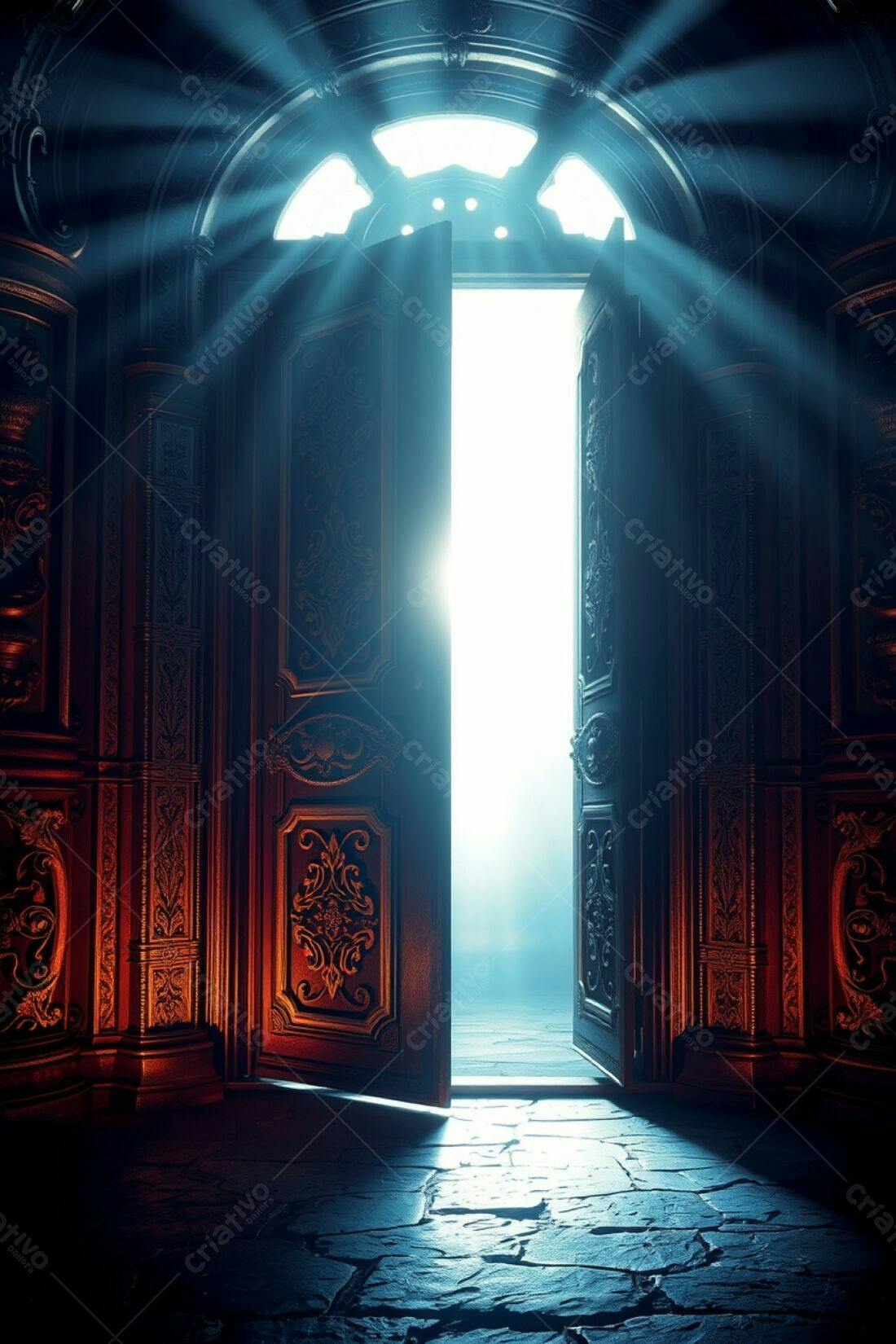 Porta antiga aberta para luz misteriosa