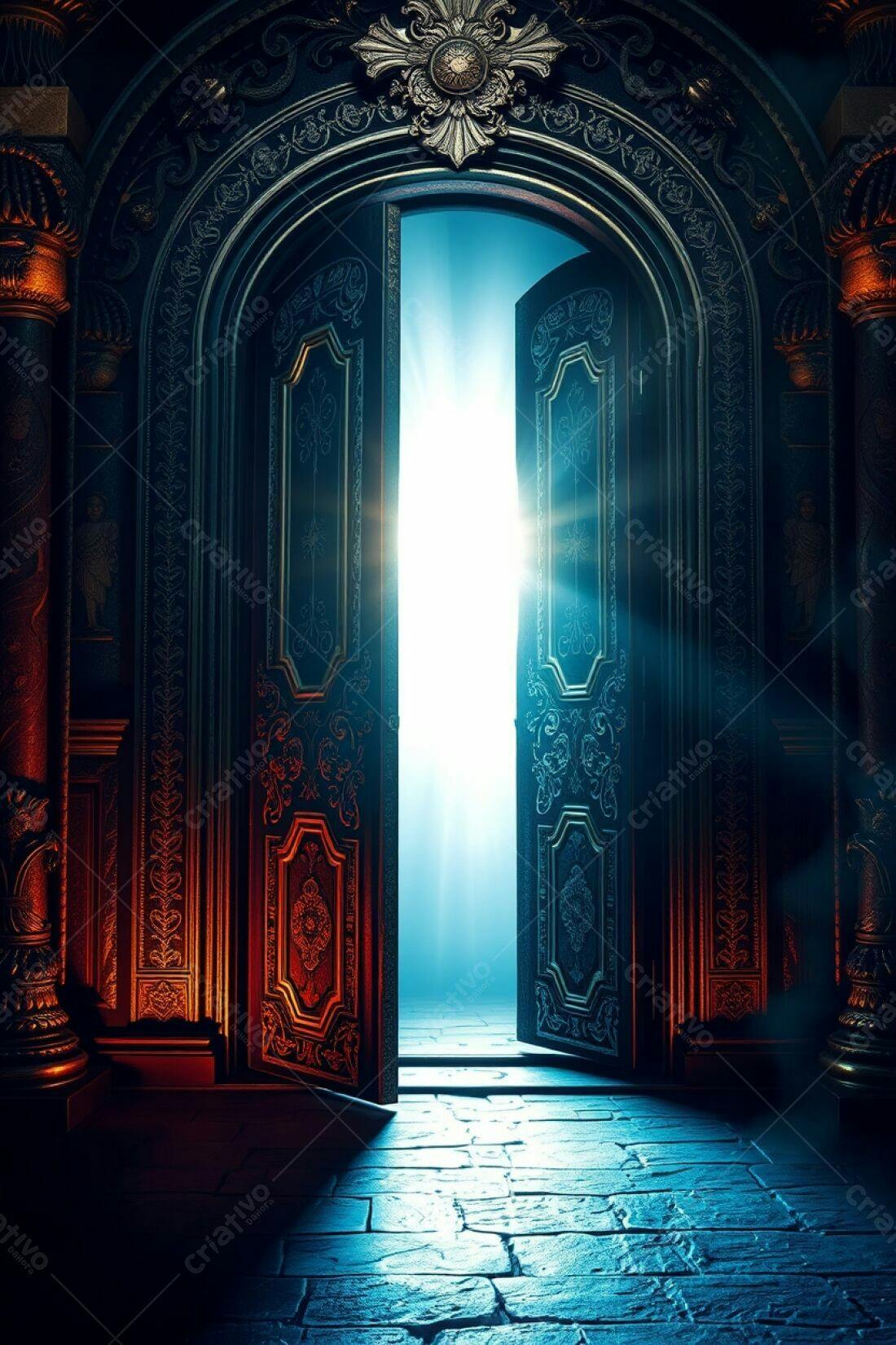 Portas antigas abertas revelando luz brilhante