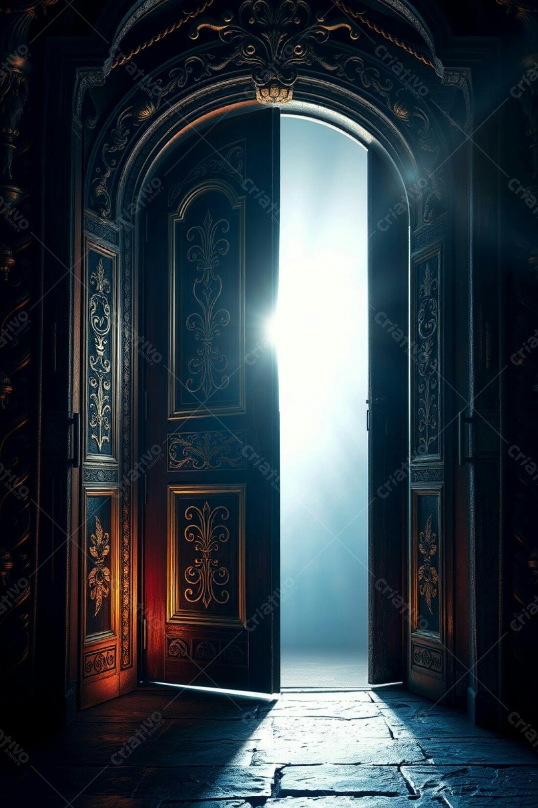 Porta antiga aberta com luz