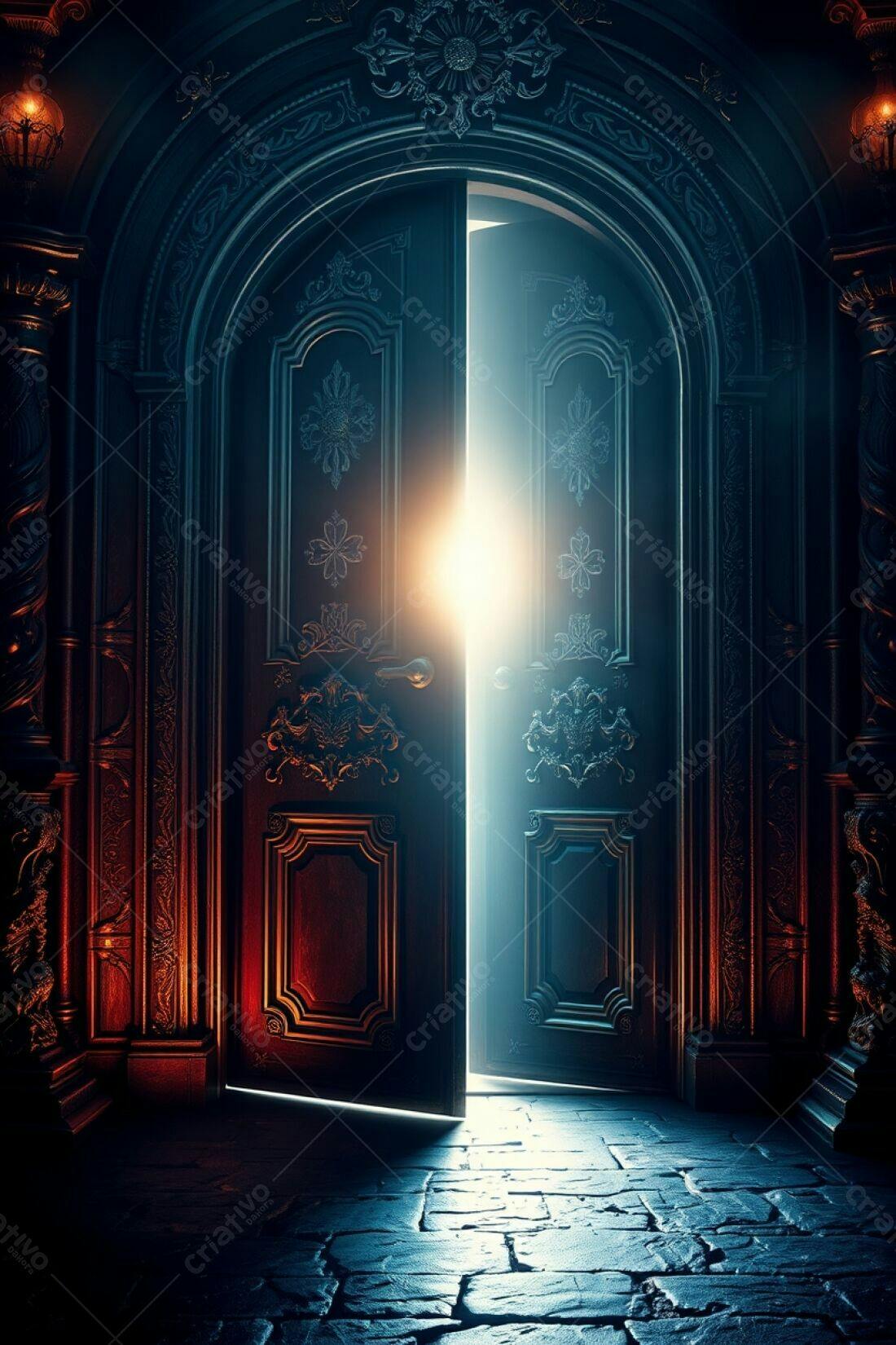 Porta antiga aberta com luz brilhante
