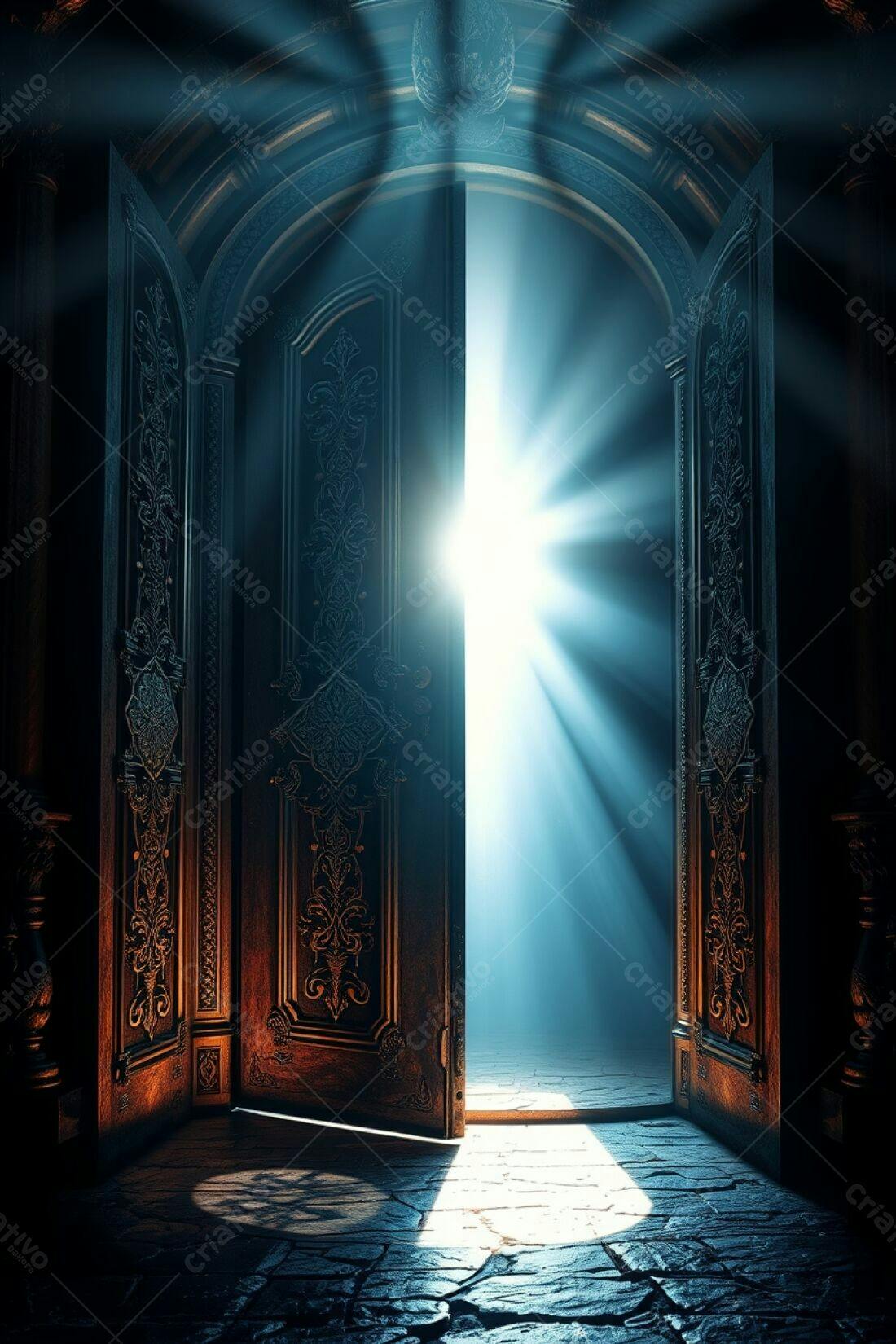 Porta antiga aberta com luz radiante