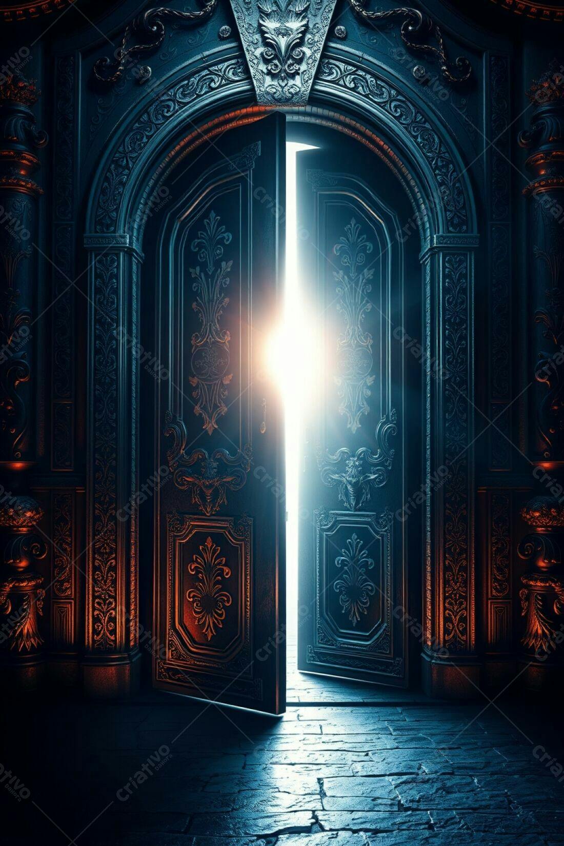 Porta antiga de madeira escura aberta revelando luz