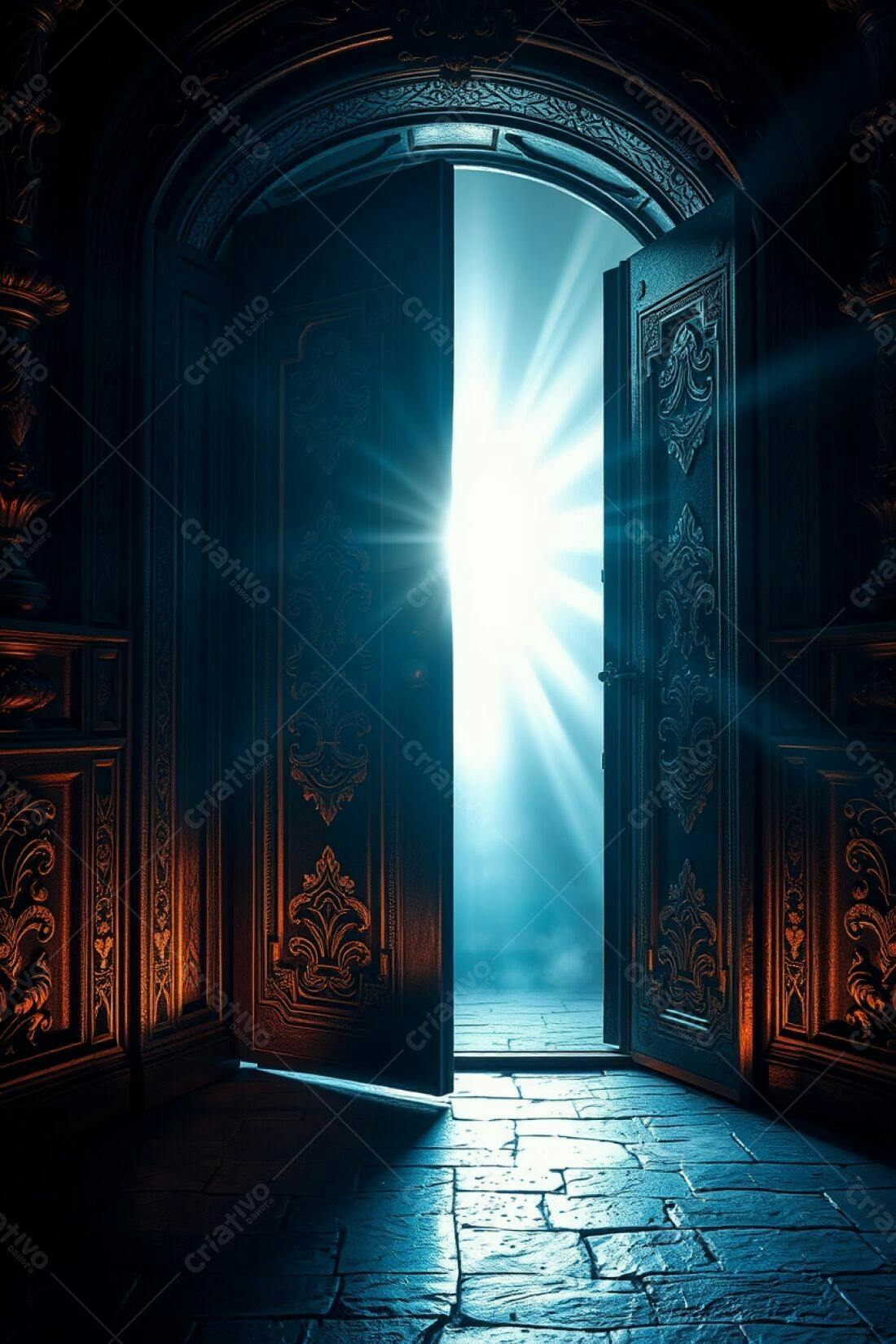 Porta antiga aberta com luz radiante