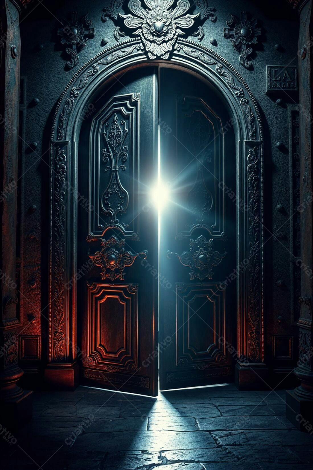Porta antiga de madeira escura aberta com luz brilhante