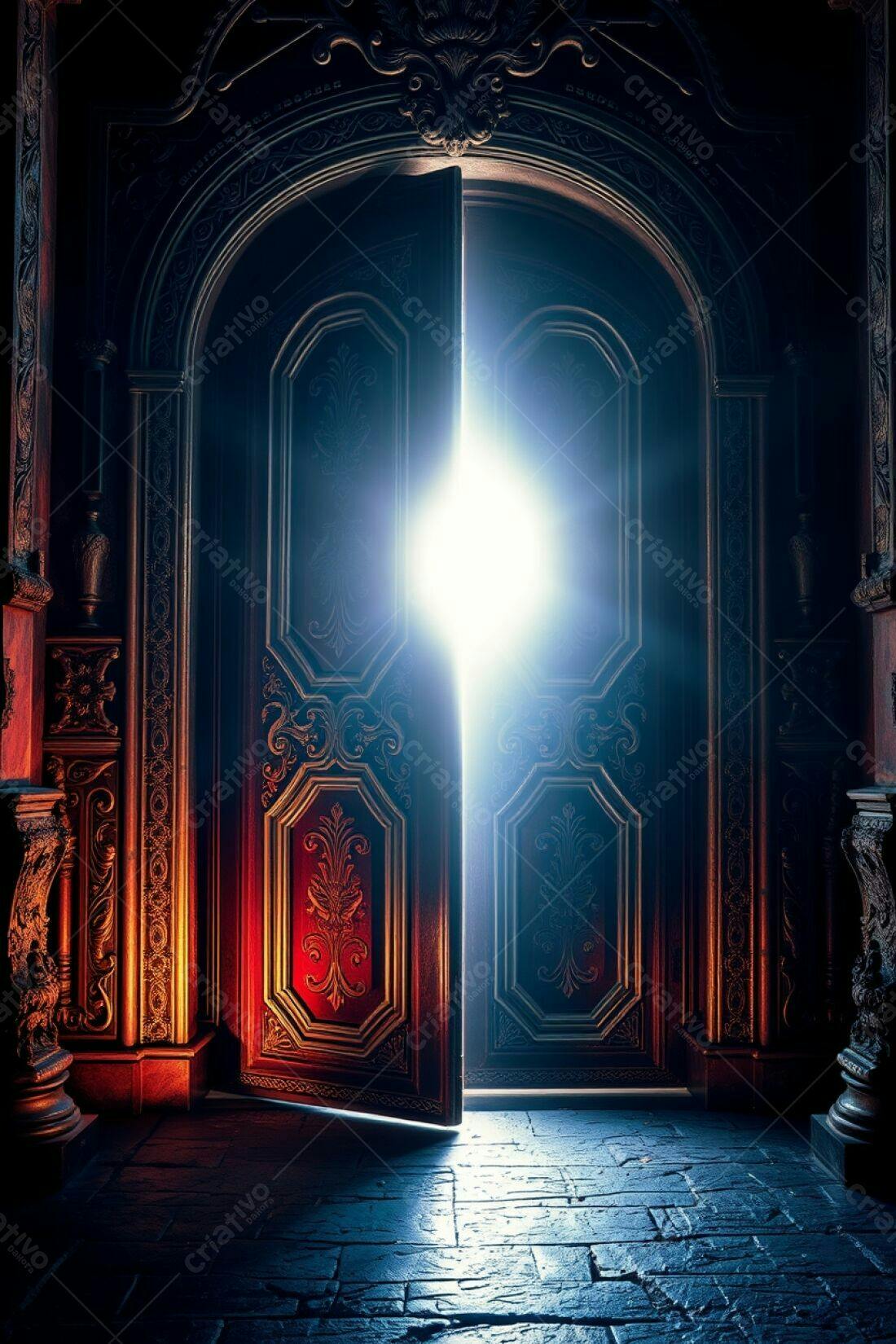 Porta antiga aberta com luz brilhante