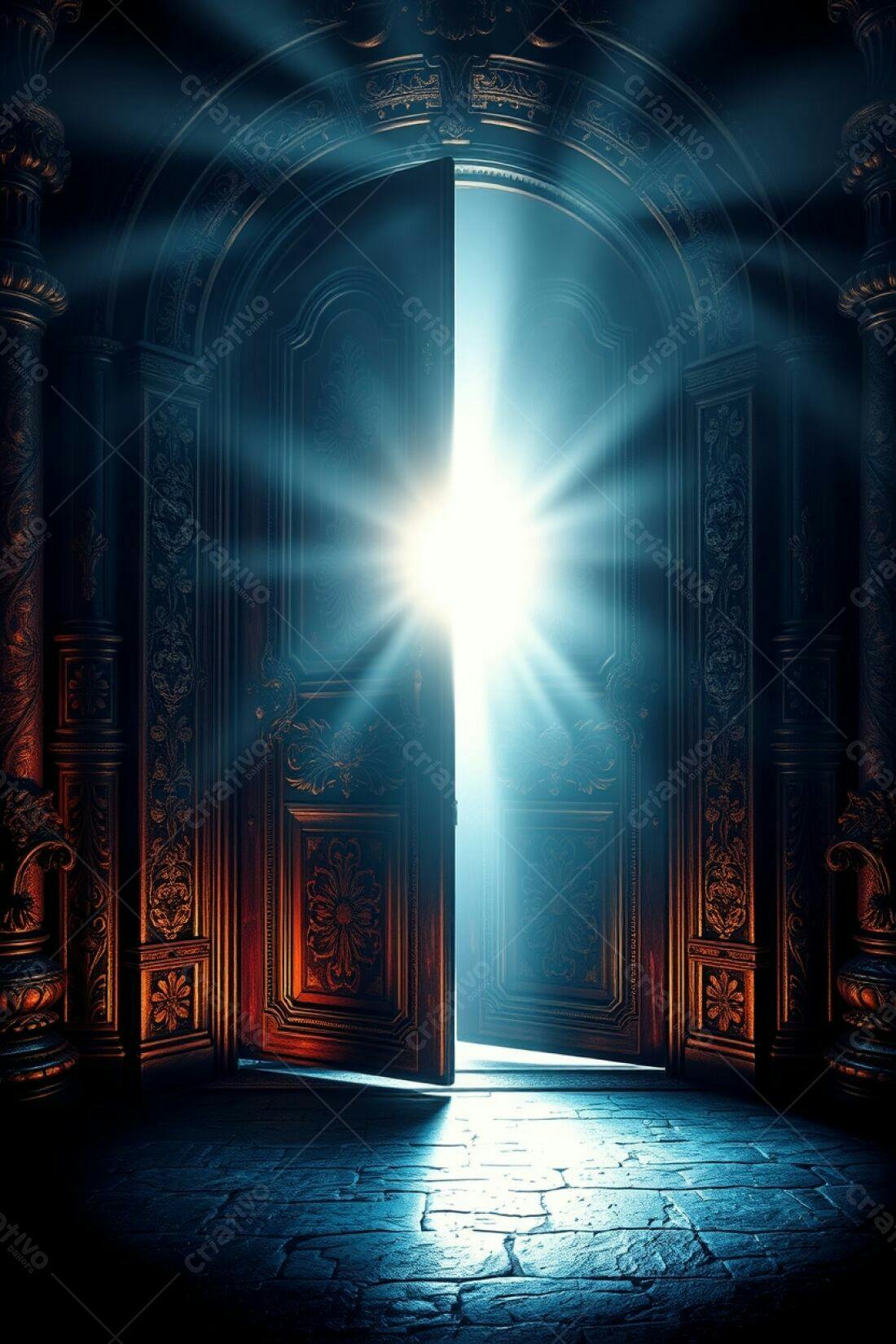 Porta antiga aberta revelando luz brilhante