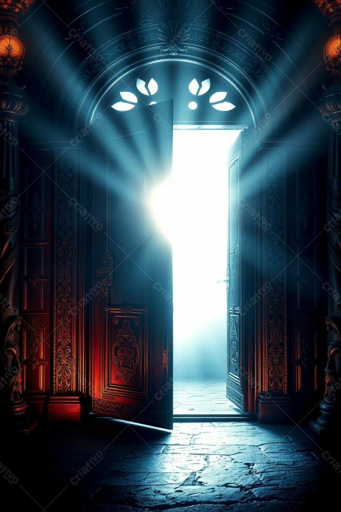 Porta aberta com luz misteriosa em ambiente escuro