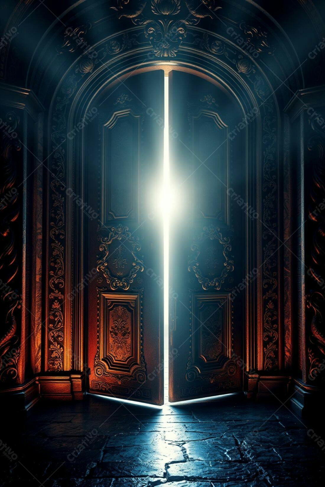 Porta antiga aberta revelando luz brilhante