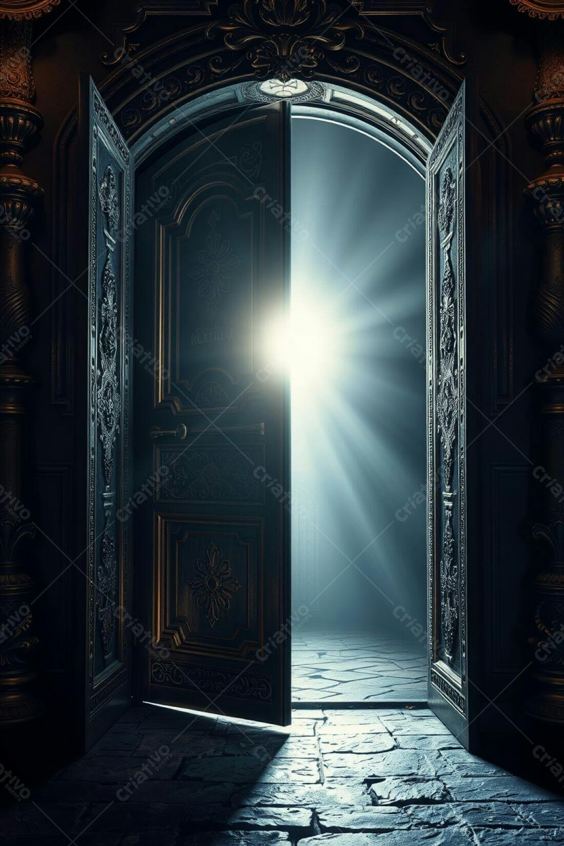 Porta antiga aberta com luz brilhante