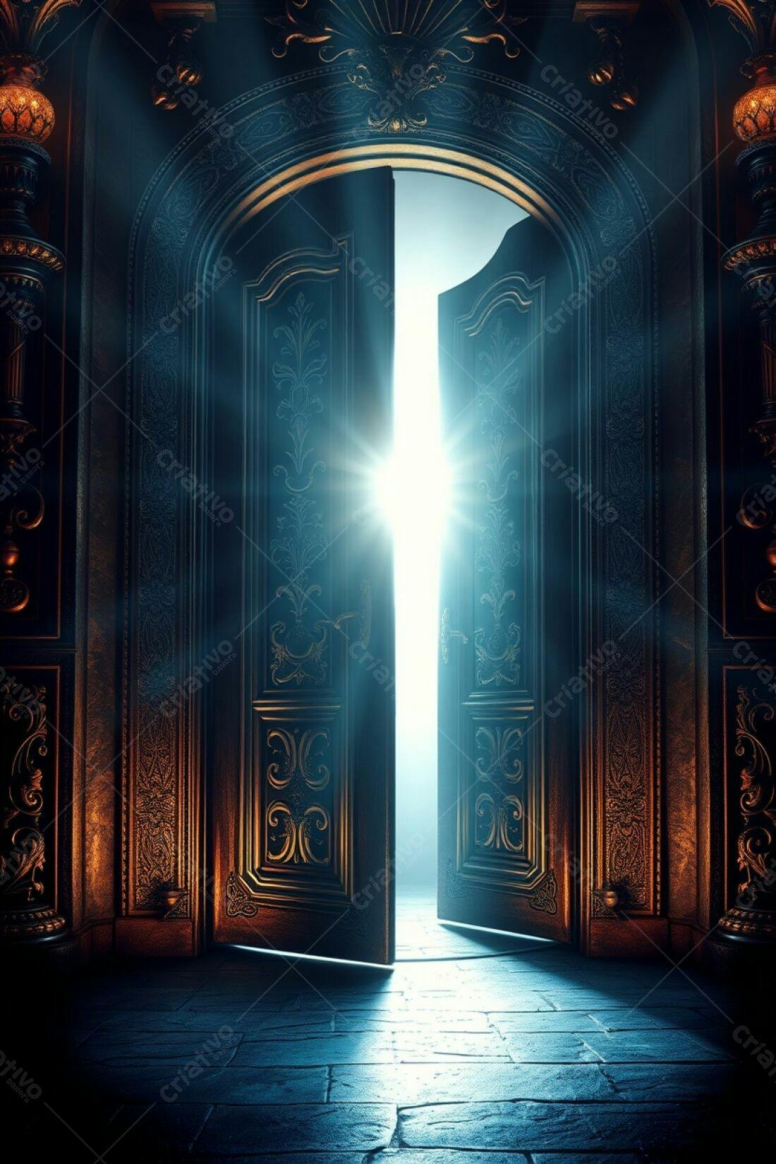 Porta antiga aberta com luz brilhante