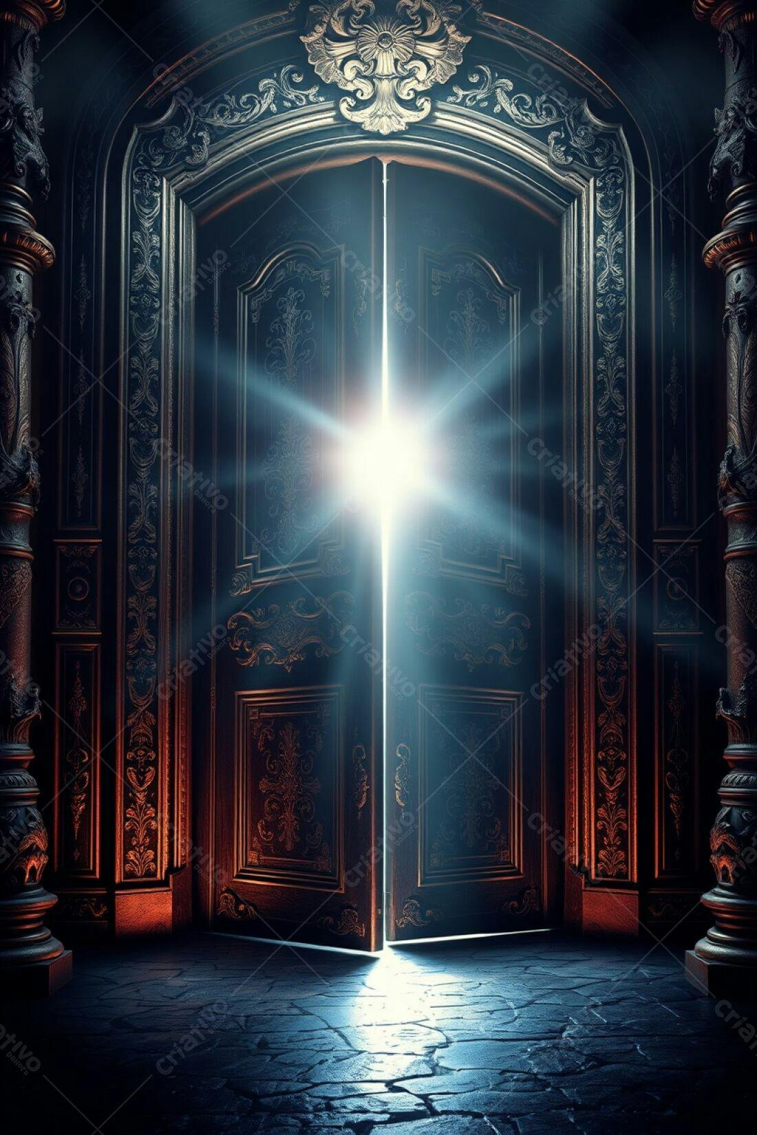 Porta antiga de madeira escura aberta com luz brilhante