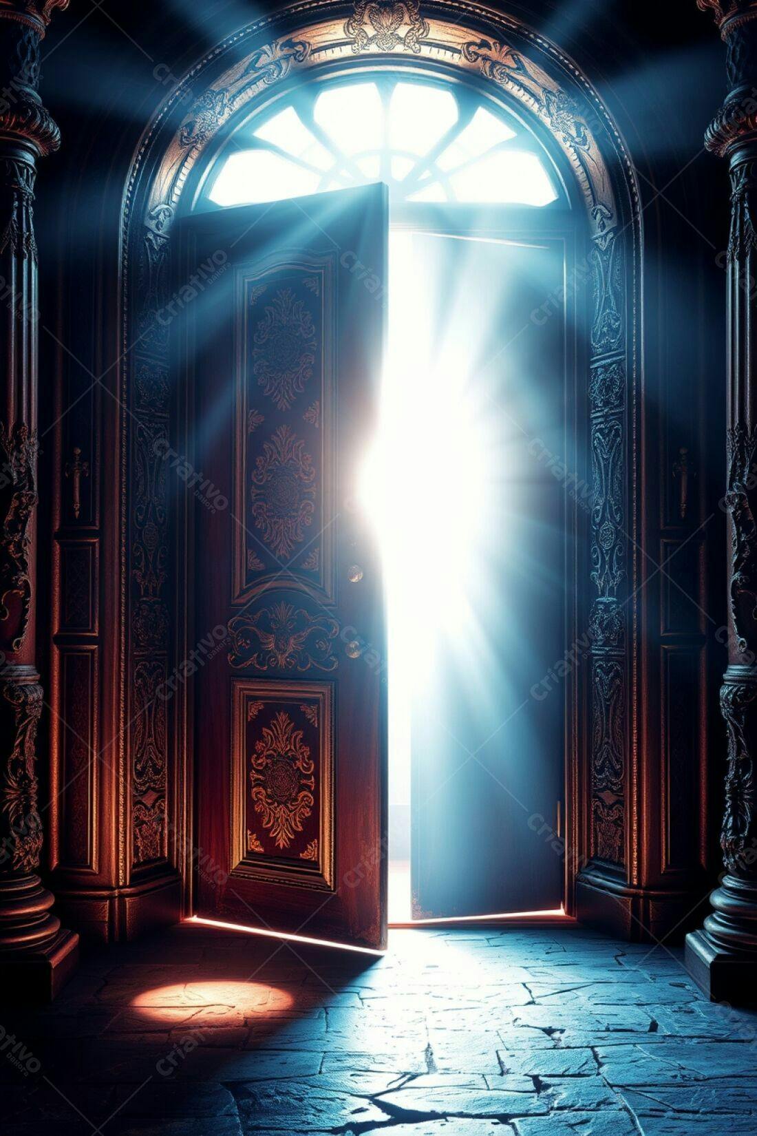 Porta antiga aberta com luz radiante