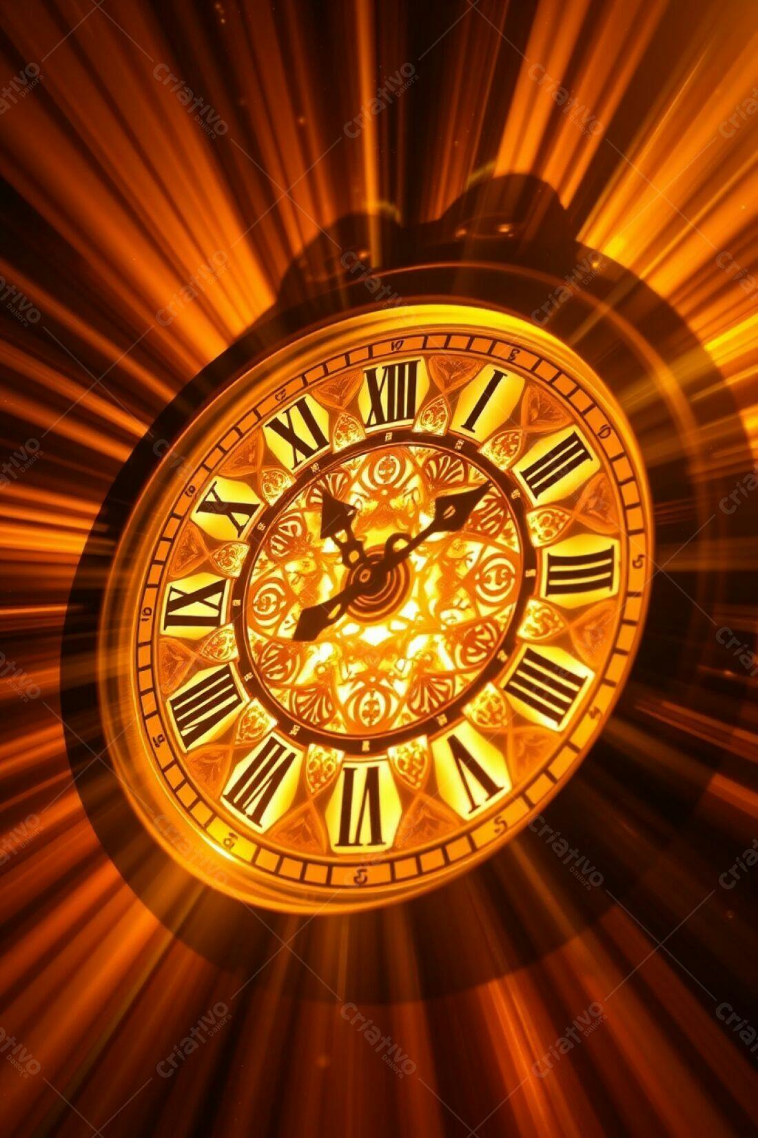 Relógio antigo dourado em fundo radiante