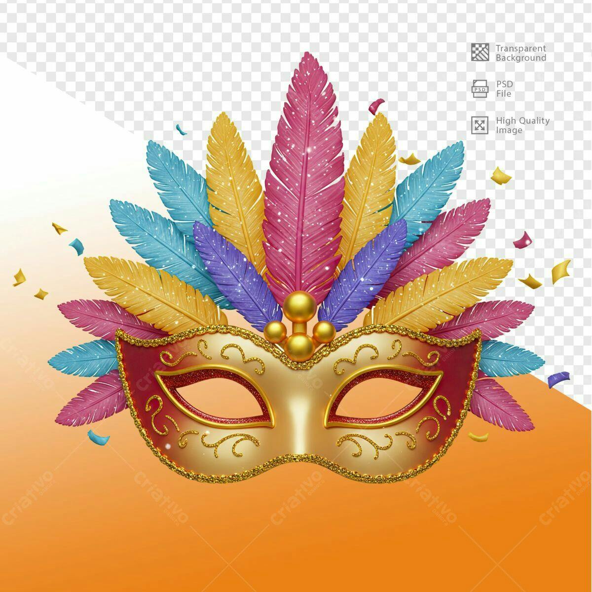Máscara Carnavalesca com Penas PSD Editável
