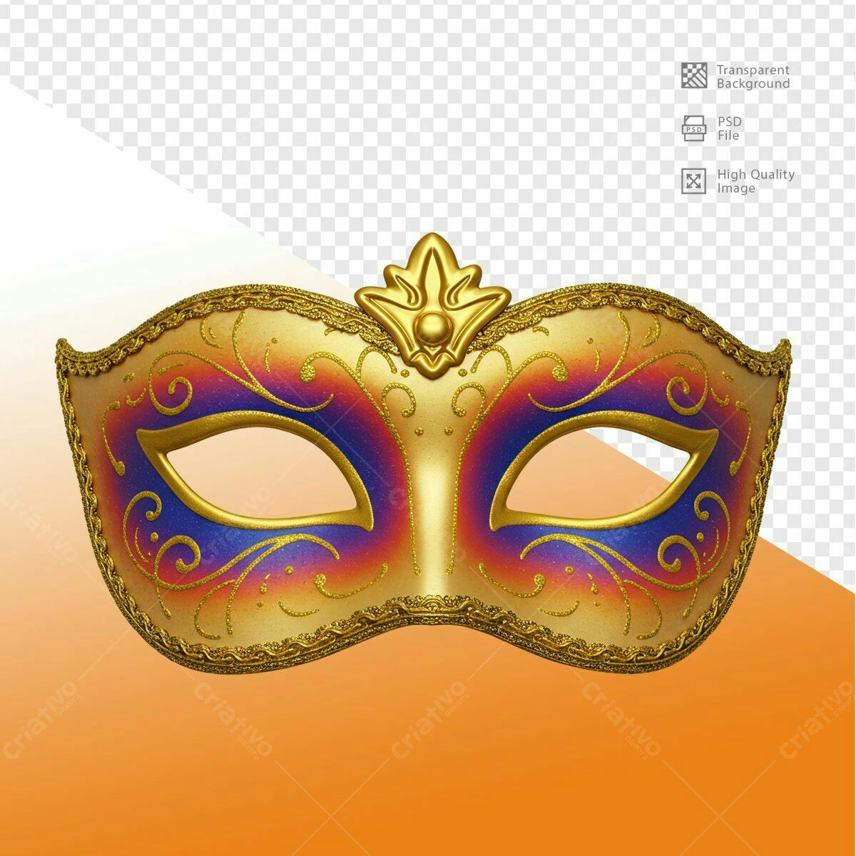 Máscara de Carnaval Dourada e Roxa PSD Editável