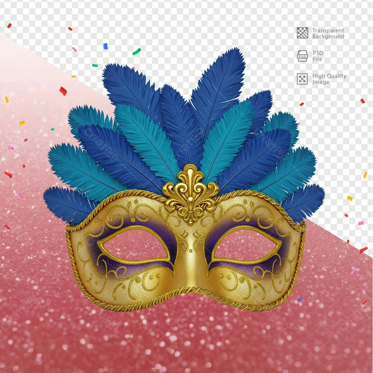 Máscara de Carnaval Dourada e Azul PSD Editável