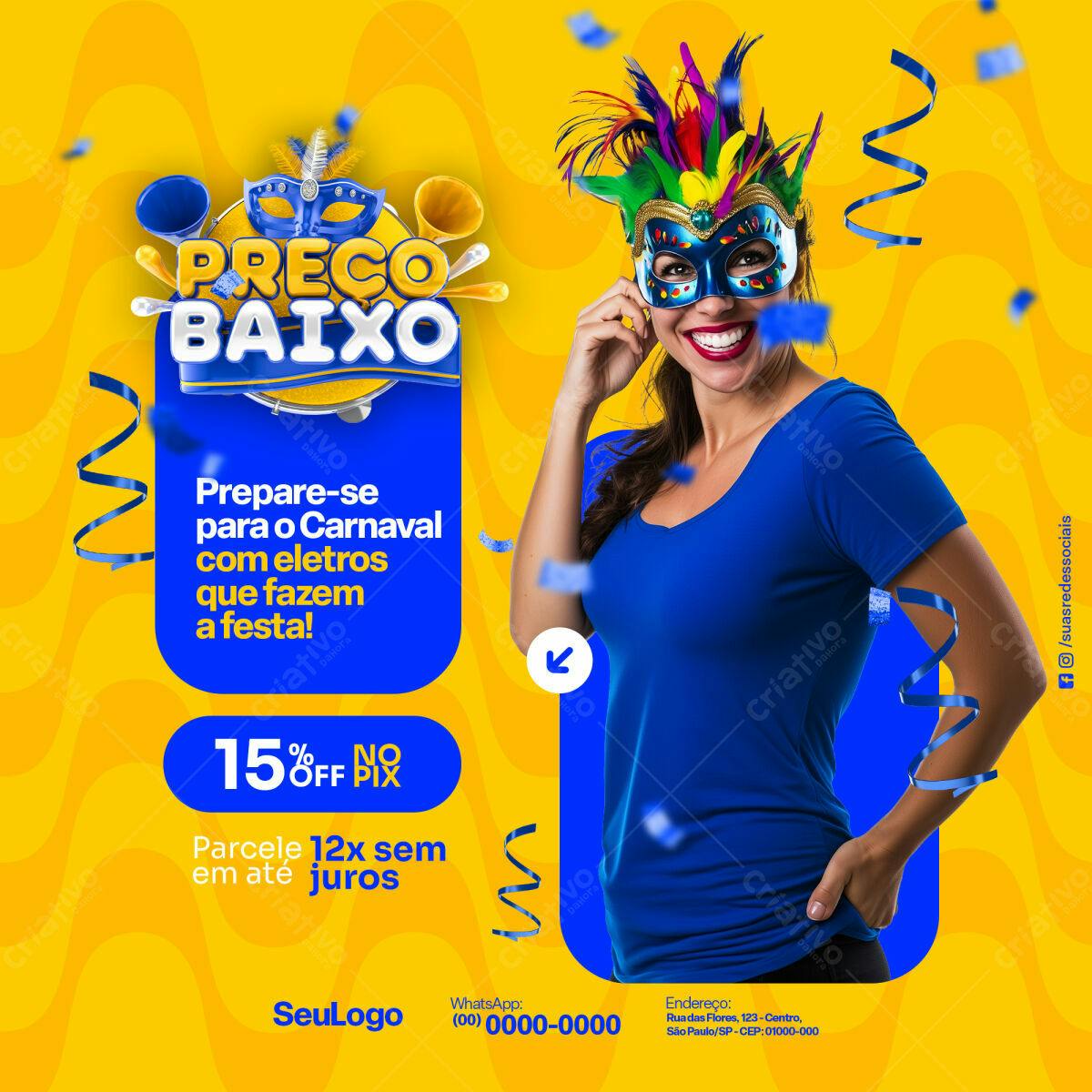 Flyer para Carnaval com Preço Baixo PSD Editável