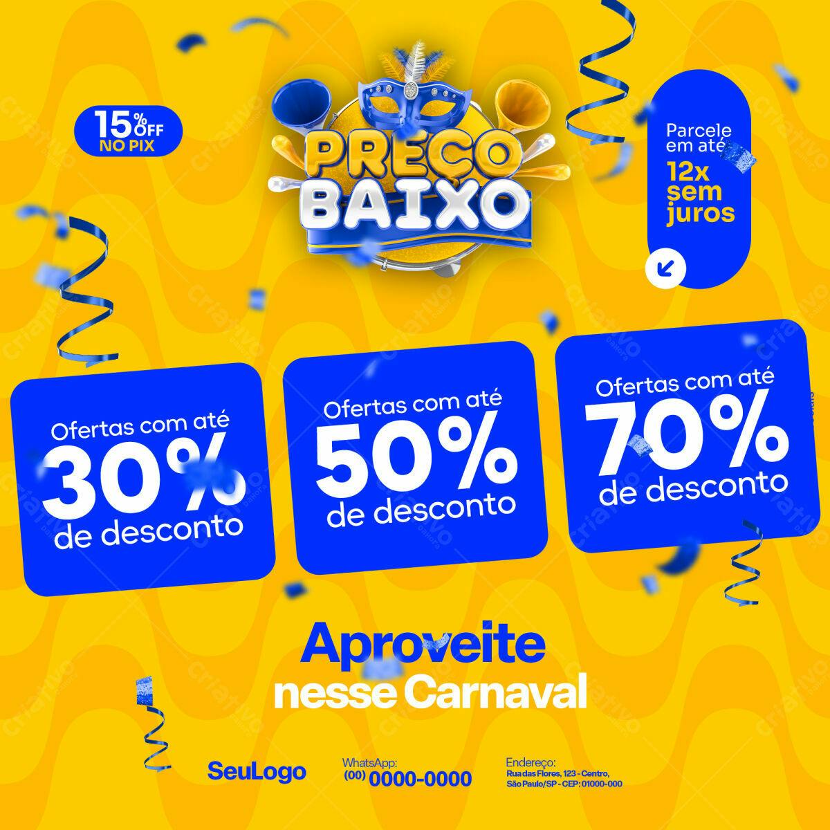 Flyer Carnaval com Preços Baixos PSD Editável