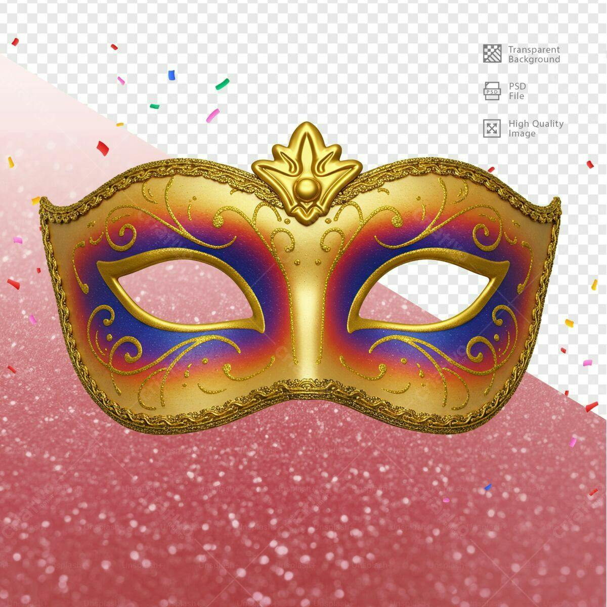 Máscara de Carnaval Dourada e Azul PSD Editável