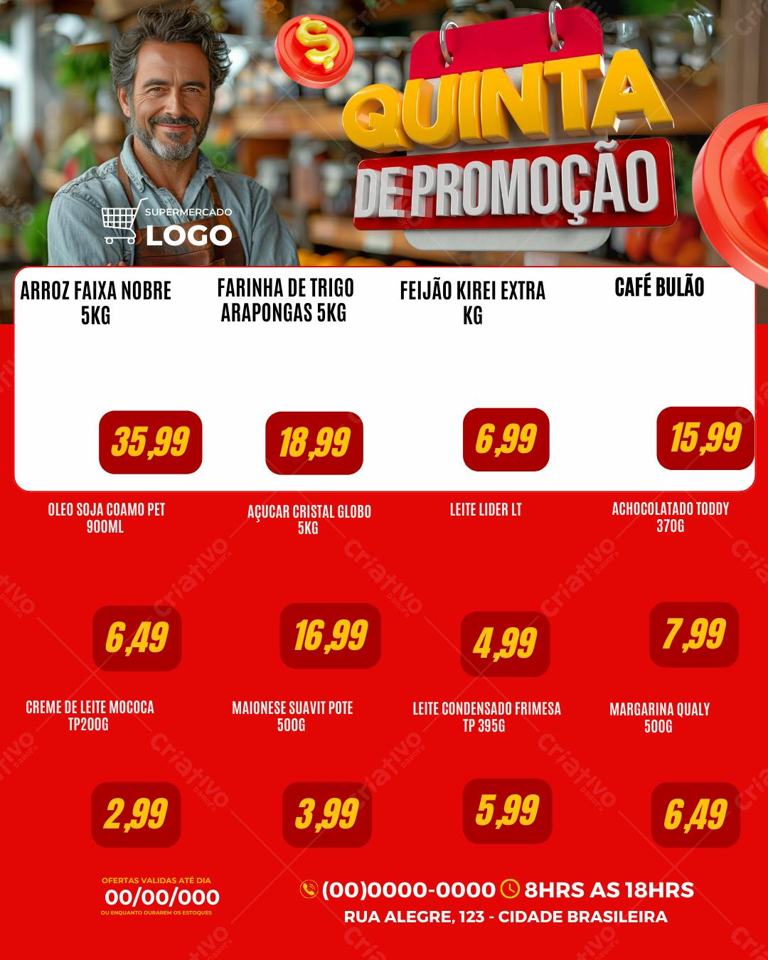 Flyer de Promoção de Supermercado com preços em vermelho e amarelo Editável no Canva